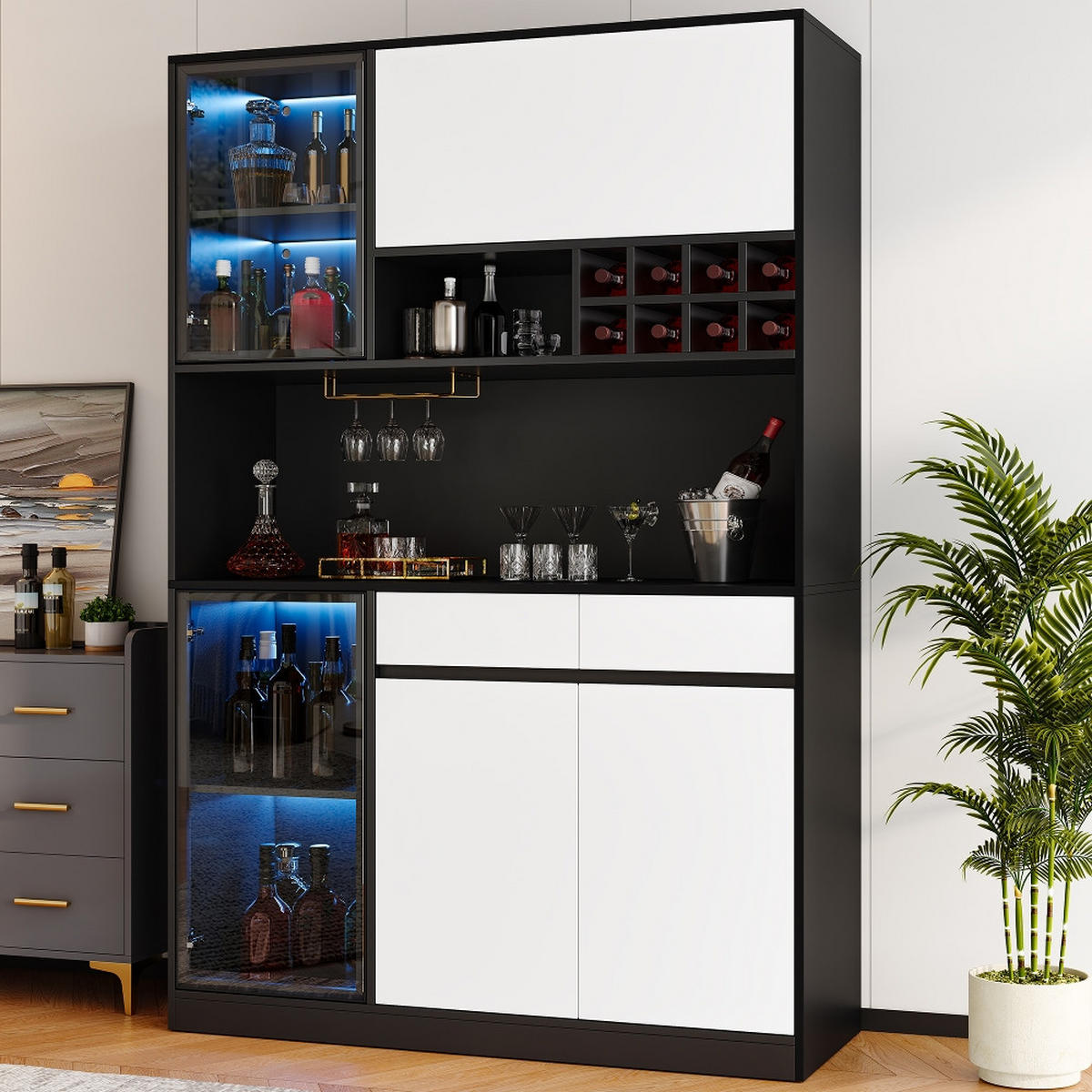 KÜCHENSCHRANK, MIT LED-BELEUCHTUNG, INTEGRIERTES WEINREGAL, MDF, Schwarz-Weiß, Modernes Wohnzimmer, 120/180/35 cm - Schwarz, Kunststoff (35/180/120cm) - Rolipo