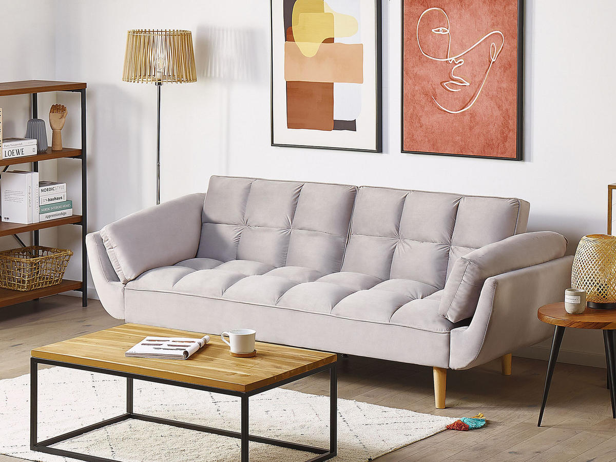 3-SITZER-SCHLAFSOFA Samtstoff Hellgrau Asby - Hellgrau, Textil (218/82/83cm) - Beliani