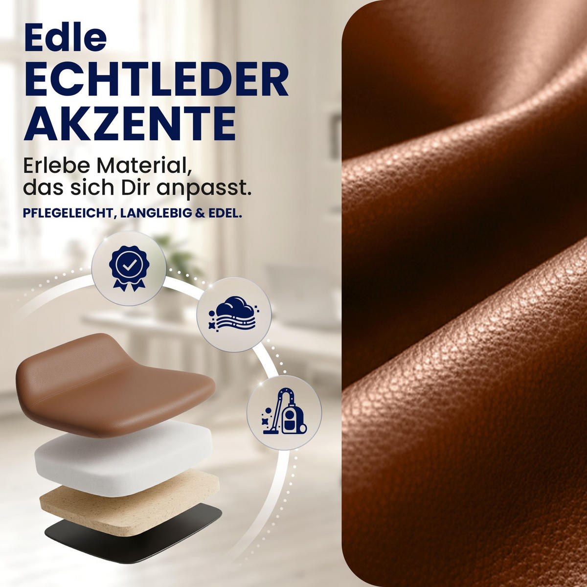 CHEFSESSEL Echtleder Hellbraun - Chromfarben/Hellbraun, Leder/Metall (69/118/64cm) - CLP