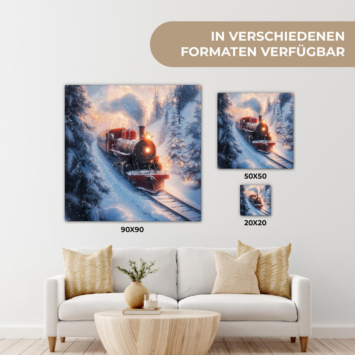 LEINWANDBILD Weihnachtszug - Schnee - Winter - Weihnachten 50x50 cm - Dunkelrot, Textil (50/50cm) - MuchoWow