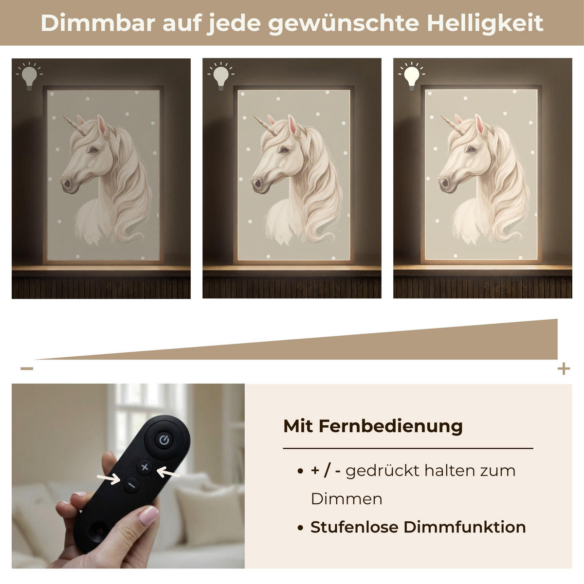 NACHTTISCHLAMPE MIT AKKU Einhorn - Weiß - Punkte 40x60 cm - Taupe, Holzwerkstoff (8/40/60cm) - OnlyWow