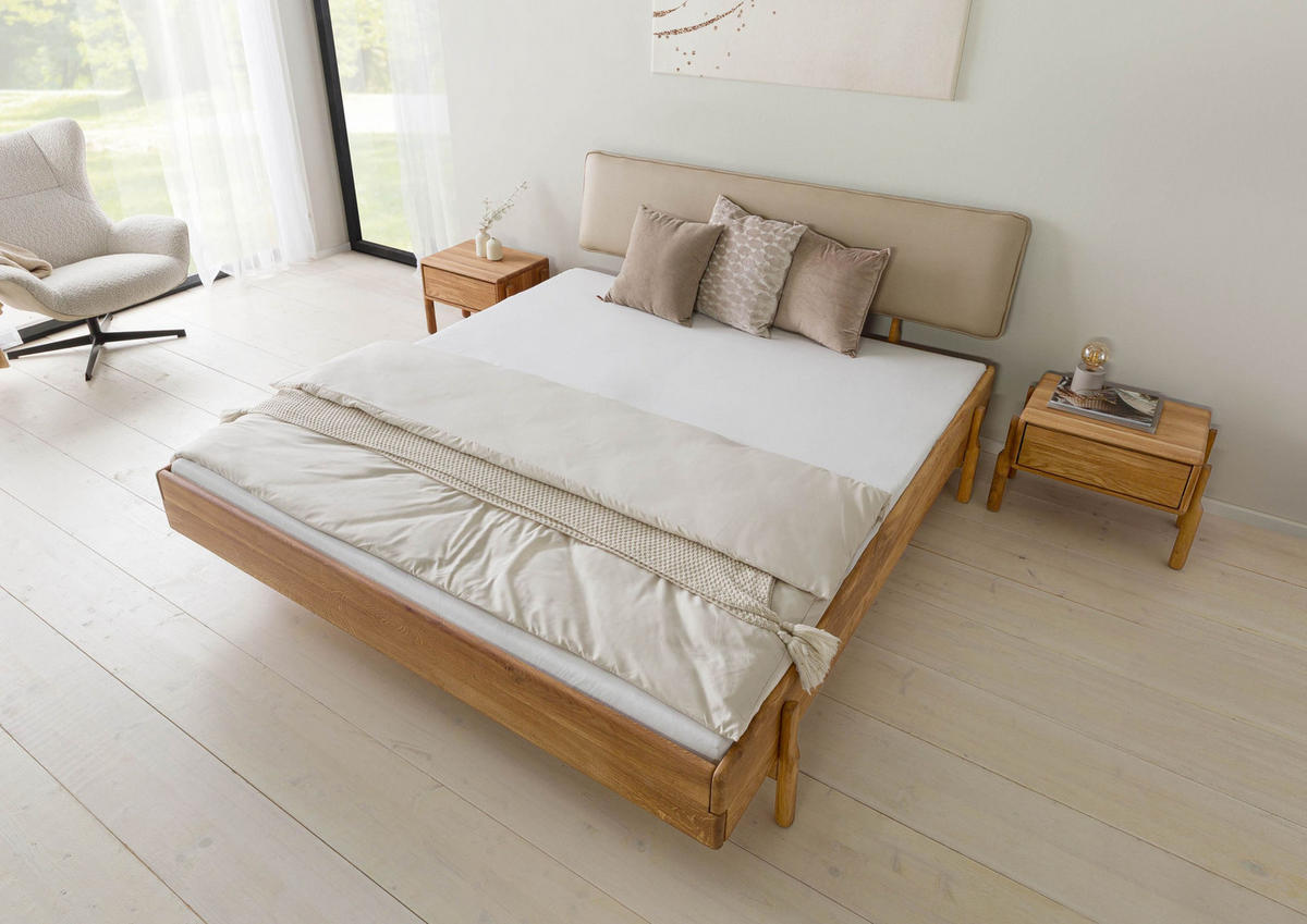 HOLZBETT Eiche 140x200x94 natur geölt, Kopfteil beige KIEL #100 - Braun, Holz (140/200cm) - Massivmoebel24