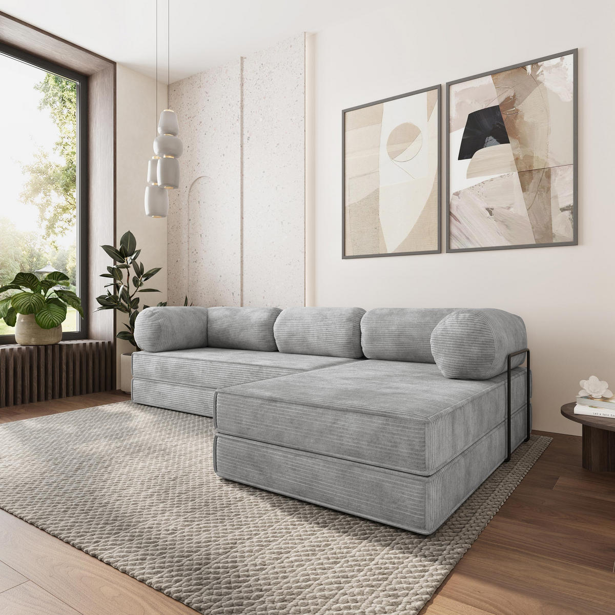 ROHOVÁ SEDAČKA ETERA modulární Boneless pohovka s funkcí spaní, světle šedá POSO 55 - světle šedá, textil (270/160cm) - MASSENO