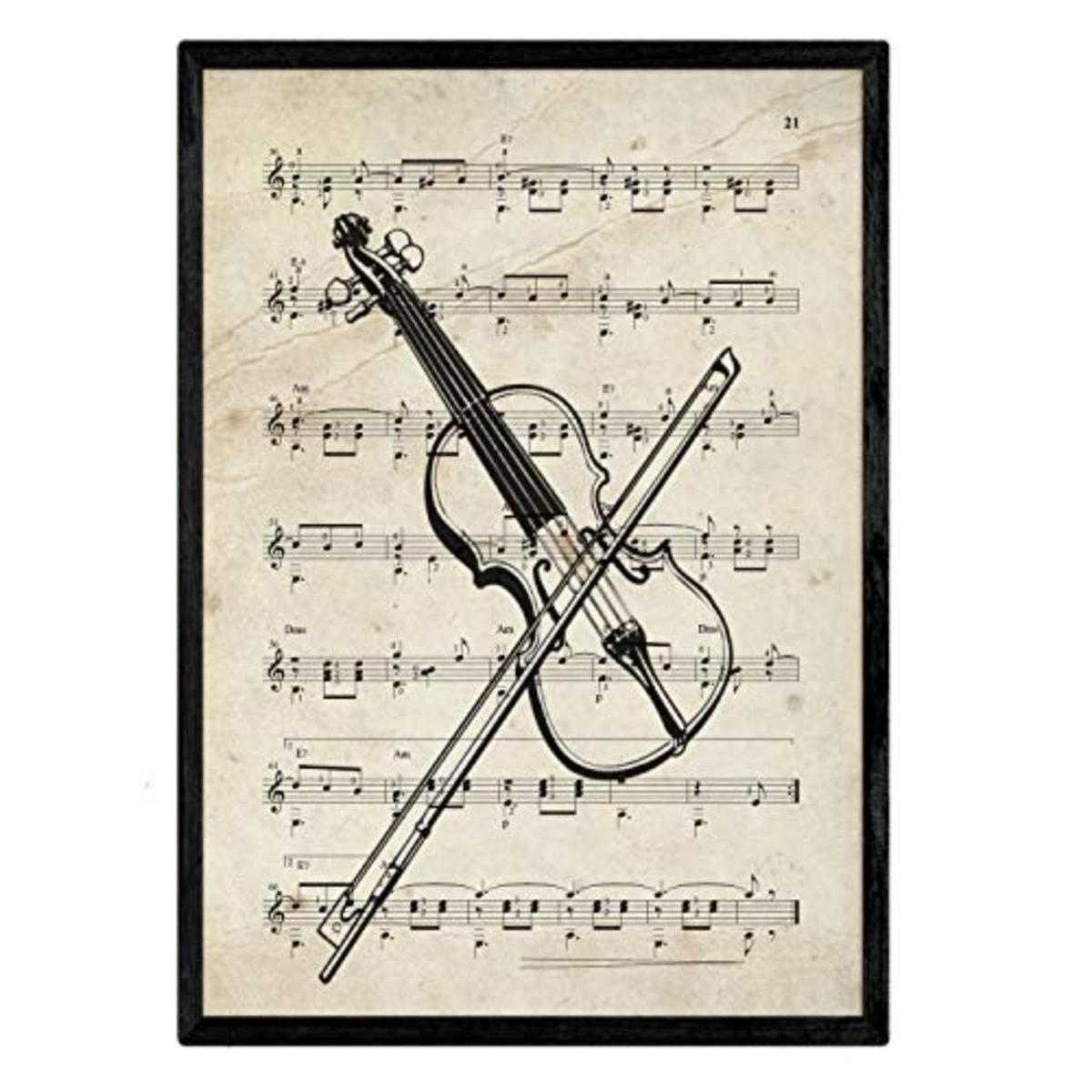 POSTER Set mit 4 Instrumente mit Noten Klavier, Geige, Cello, Akkordeon A4 Schwarzer Rahmen - Schwarz, Papier (29.7/3cm) - Nacnic