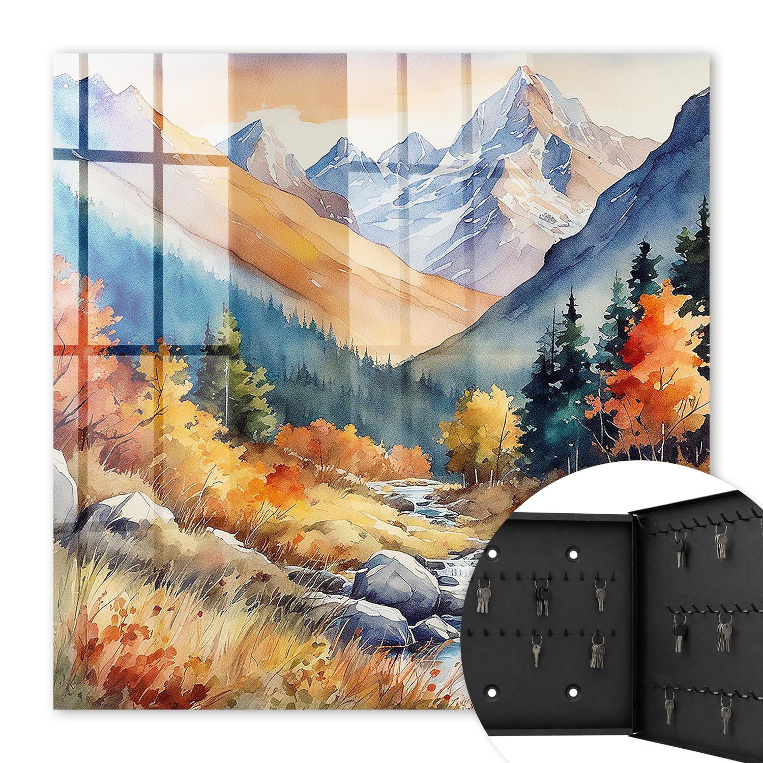 SCHLÜSSELBOX Schwarz 30x30 cm- Türöffnung nach rechts - Herbstliche Berge - Orange, Metall (30/30/5cm) - TULUP