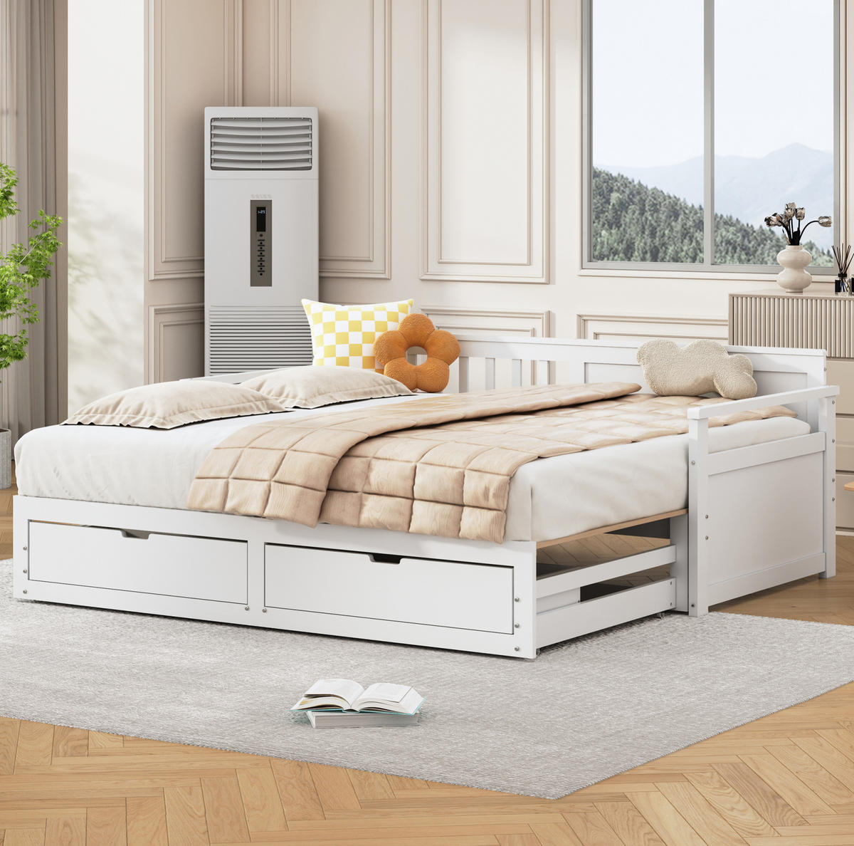 TAGESBETT aus Kiefernholz 90x190/180x190 cm Weiß mit Ausziehbett und Schubladen, platzsparend - Weiß, Holzwerkstoff (180/190cm) - Modfu