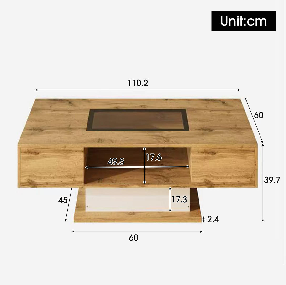 COUCHTISCH 110,2/60/39,7 cm aus Spanplatte mit LED-Beleuchtung, Glasplatte und 2 Schubladen, Natur/Weiß/Schwarz - Naturfarben, Holzwerkstoff (110.2/60/39.7cm) - Redom