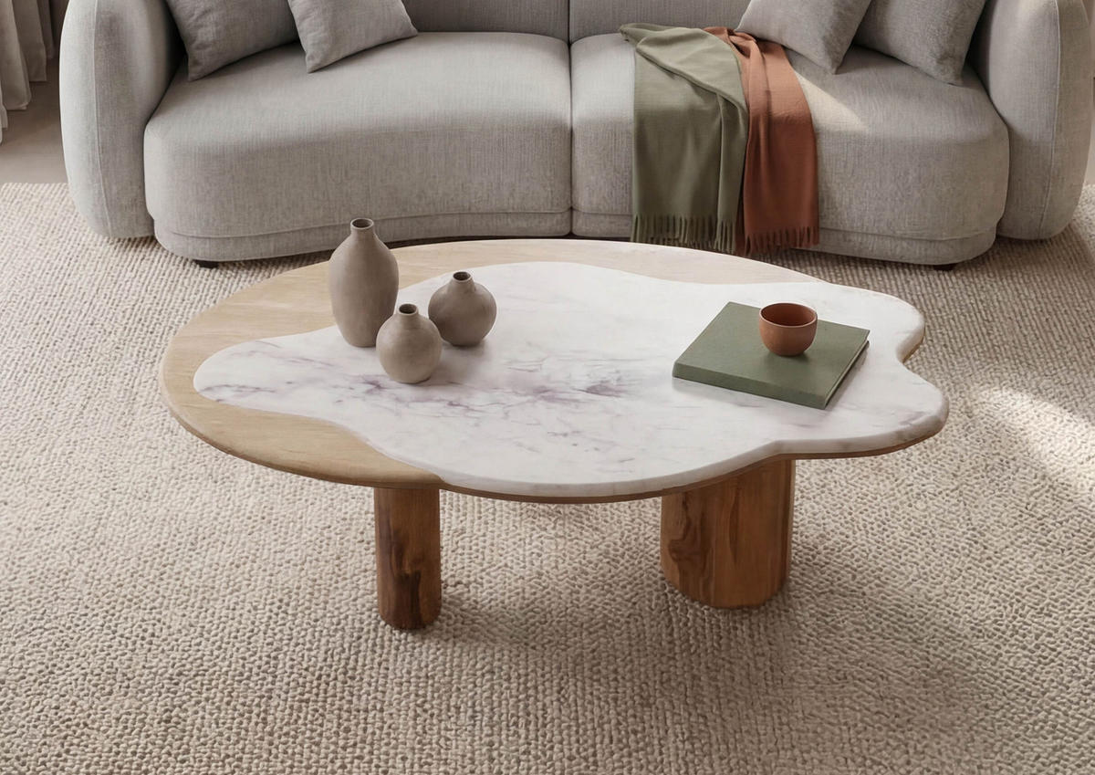 COUCHTISCH Sheesham 120x70x35 natur sandgestrahlt lackiert / Marmor weiß ORGANIC COLLECTION #30 - Braun, Holzwerkstoff (120/70/35cm) - Massivmoebel24
