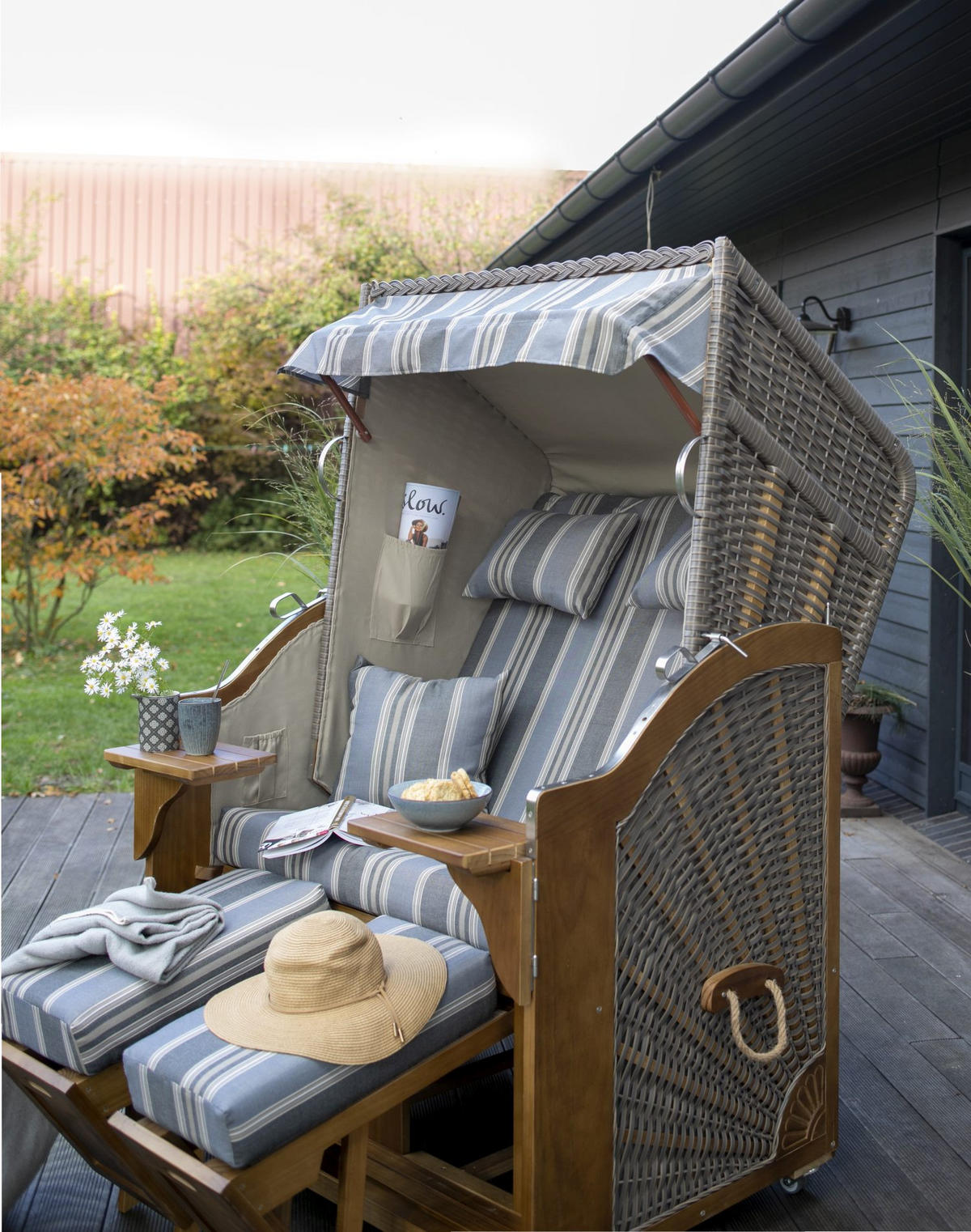 STRANDKORB Komplettset - Schleswig Pinie - PE mokka - Modell 555 - Blaugrau, Holz (120/160/80cm) - bene living