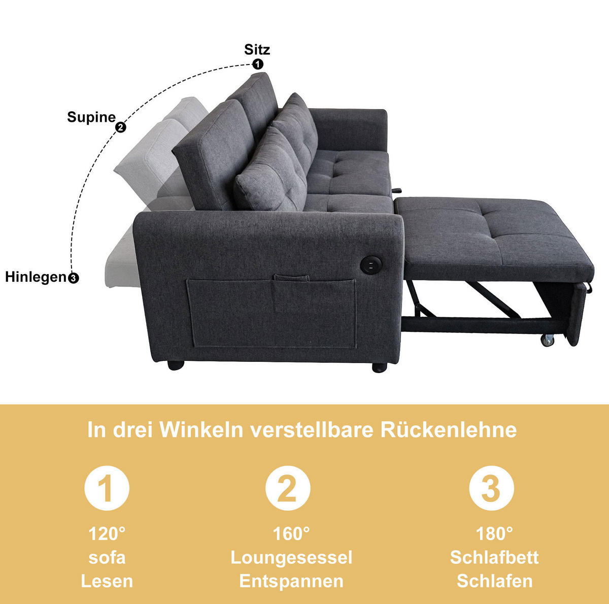 SCHLAFSOFA 3-in-1 Baumwoll-Leinen mit verstellbarer Rückenlehne und USB-Anschluss Grau 142/85/83 cm - Grau, Textil (85/83/142cm) - Redom