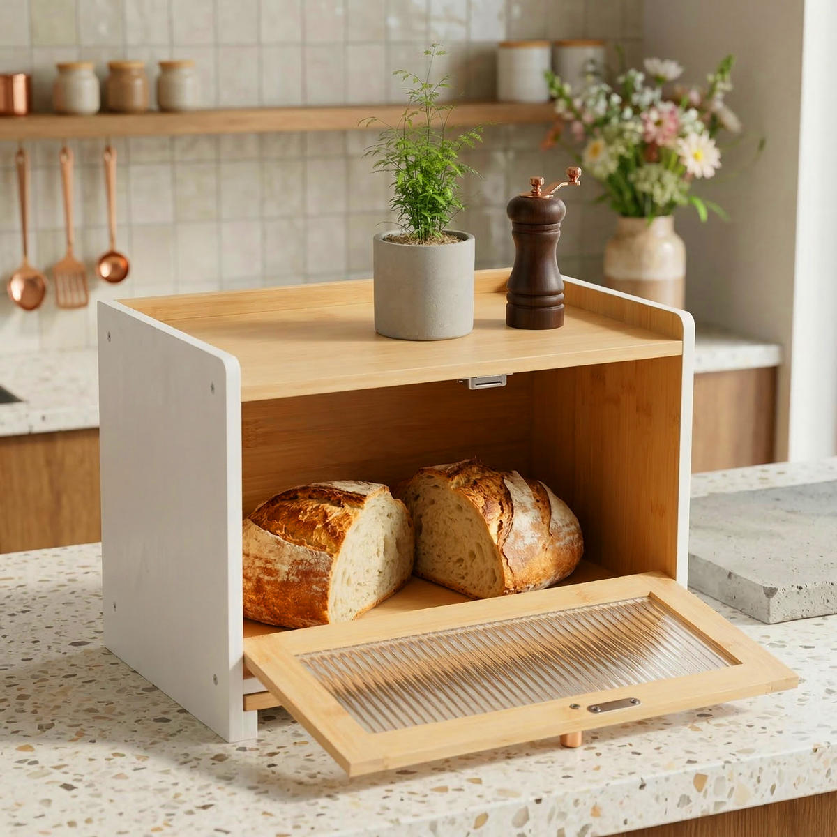 DÓZA na chlieb - biela, drevo/plast (40/26/25cm) - Relaxdays