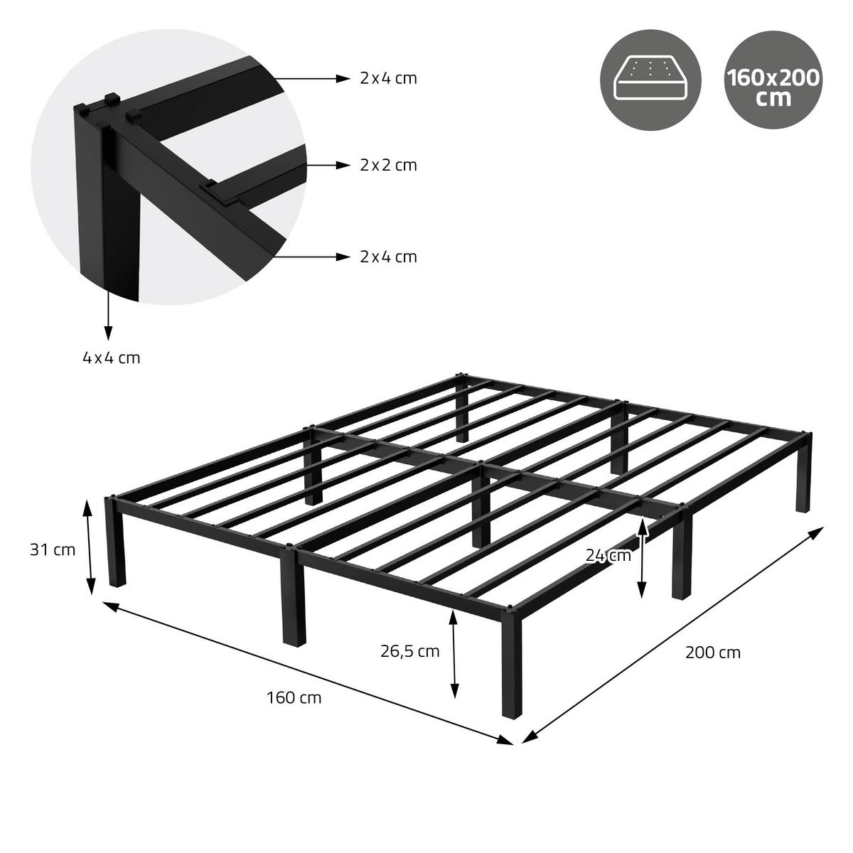 METALLBETT 200/160 cm - Schwarz, Metall (160/200cm) - ML-DESIGN