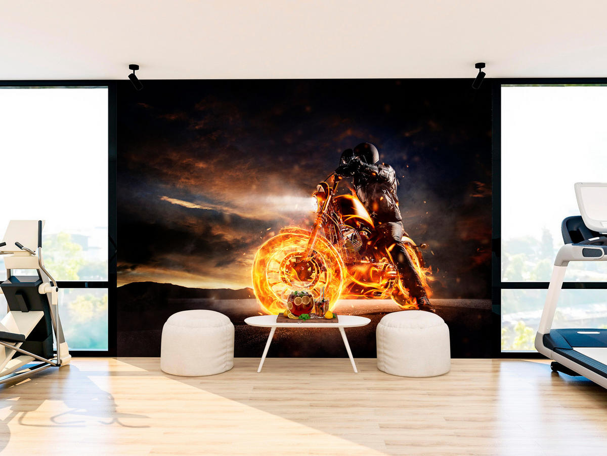FOTOTAPETE für Jugendzimmer Mann Brennenden Motorrad Sport Nacht 500x350 - Schwarz/Orange, Papier (500/350cm) - Muralo