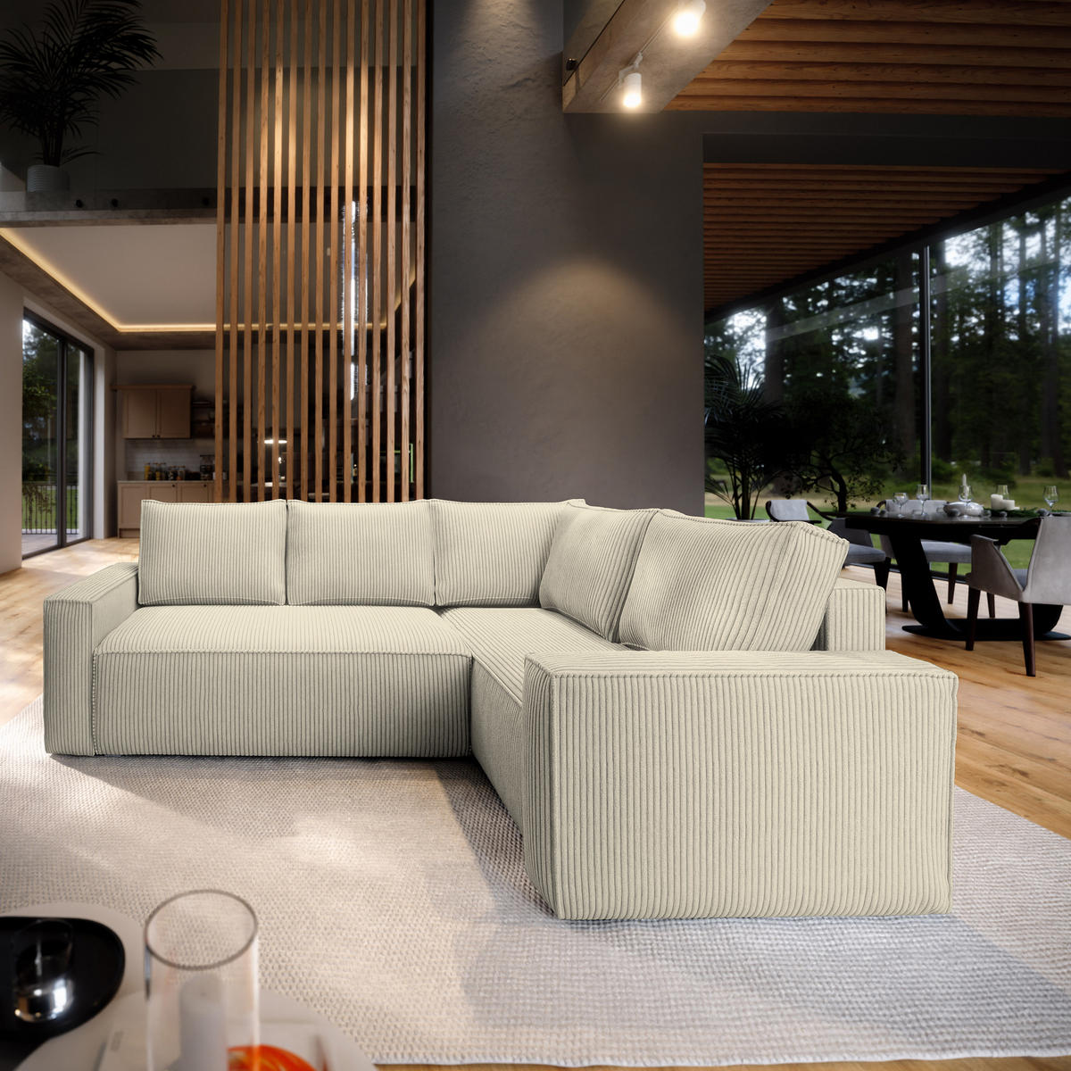 ECKSOFA ESTANO R-S Creme Kordstoff mit Schlaffunktion - Creme, Holz (230/158cm) - MASSENO
