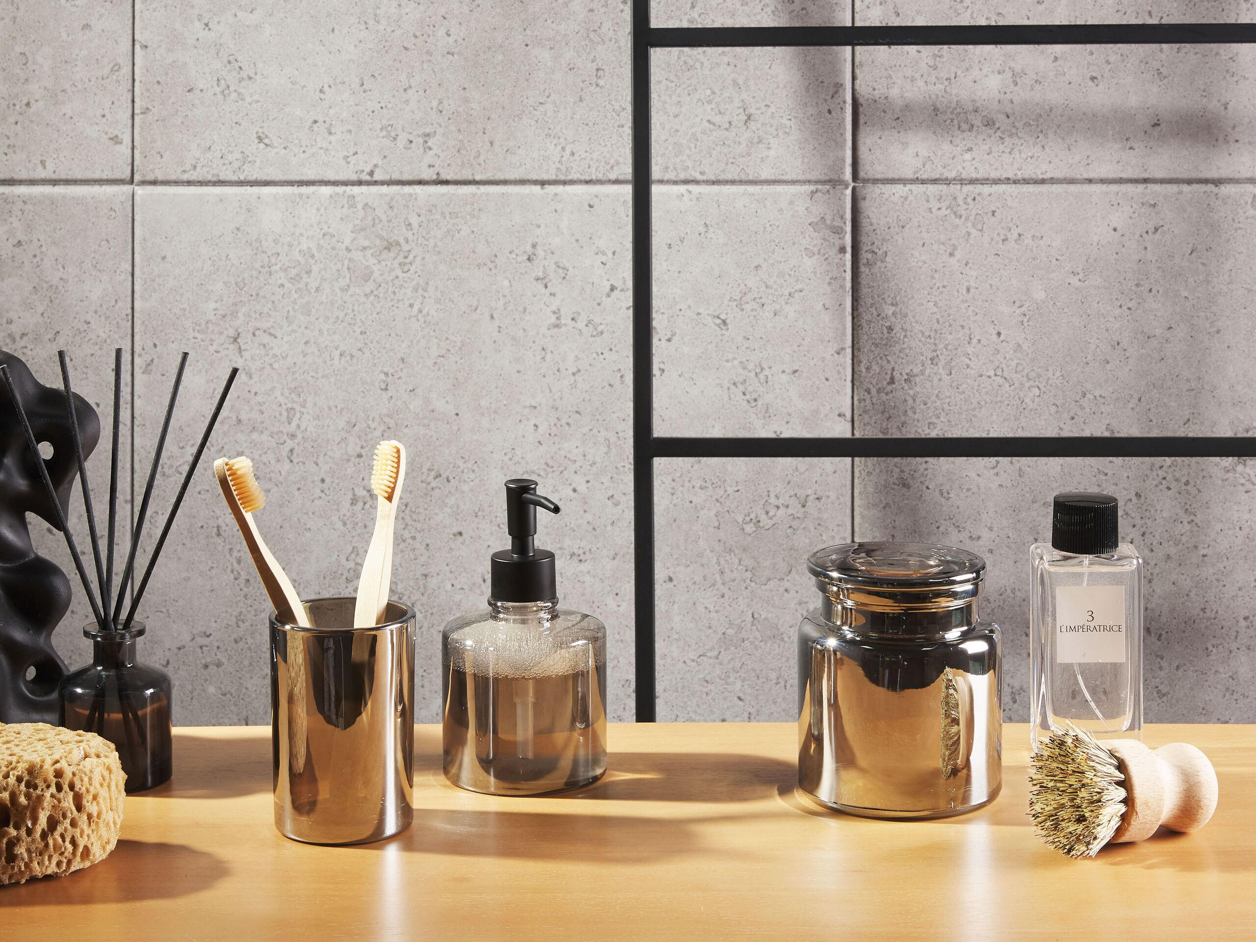 Thumbnail - Beliani Badezimmer, Grau, Schwarz, Glas, 10x16x10 cm, Badaccessoires