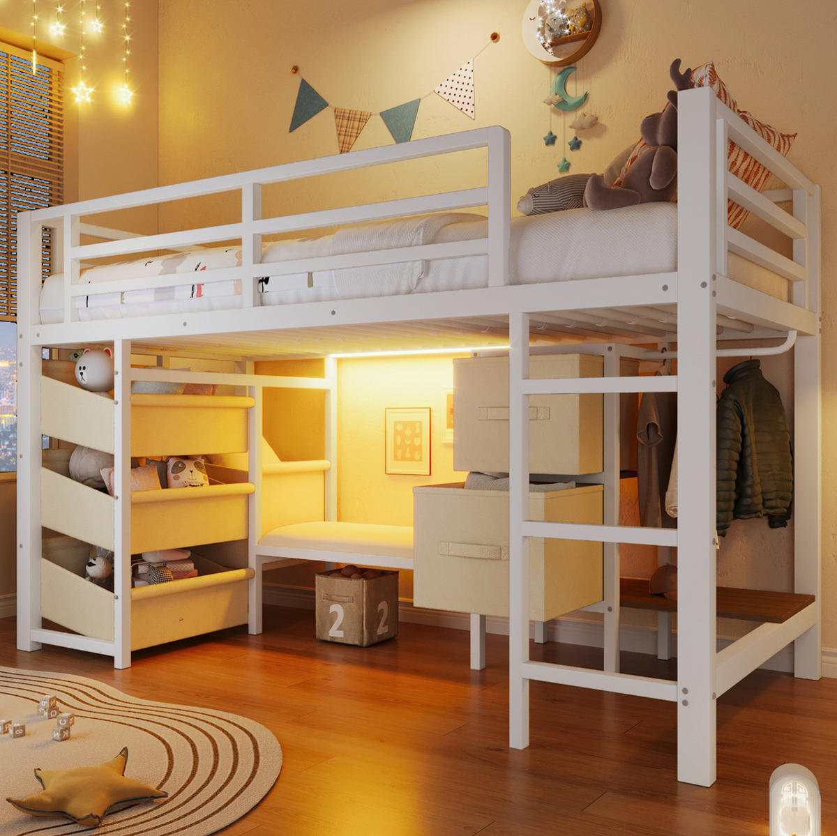 HALBHOHES Metallbett 90x200 cm Weiß mit LED-Beleuchtung, Sitzkissen und Stauraum - Weiß, Metall (90/200cm) - IVMEU
