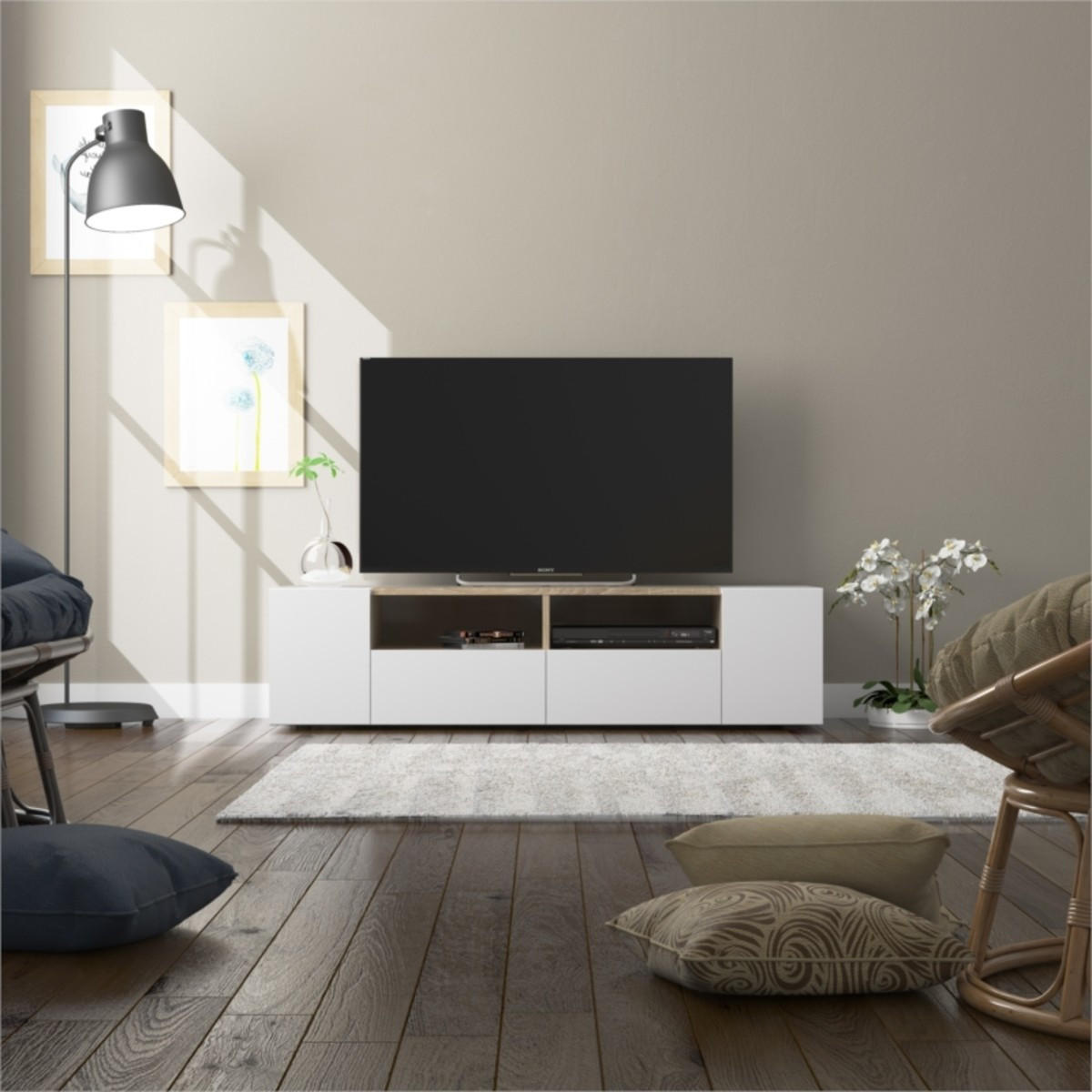 TV-MÖBEL mit 4 Türen und 2 Aufbewahrungsnischen Tamiko - L138 cm - Weiß, Holzwerkstoff (42/36/138cm) - Calicosy