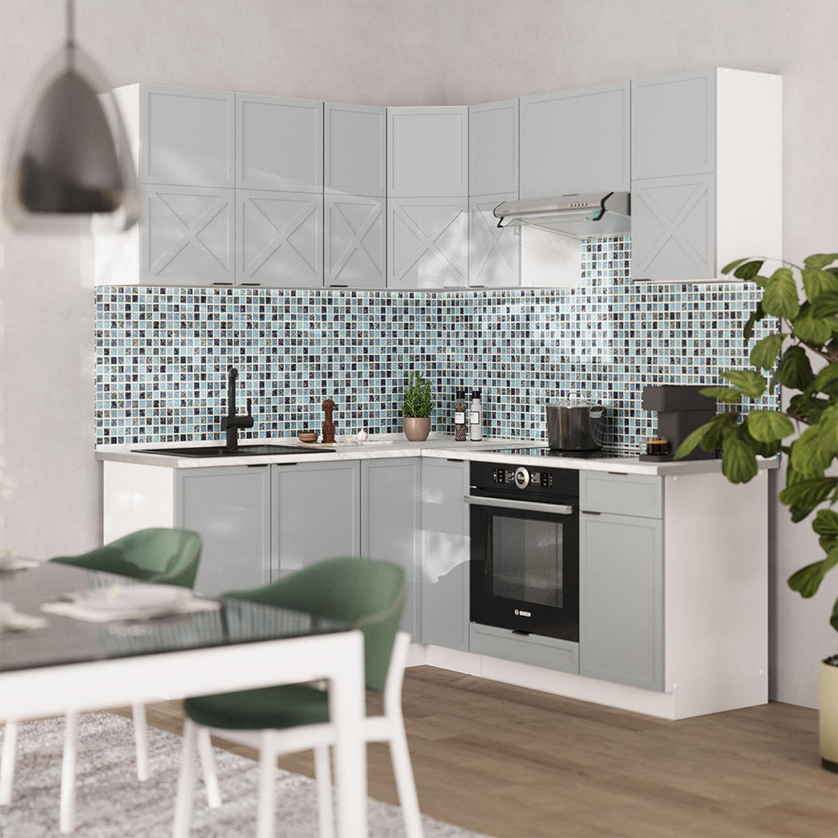 ECKKÜCHE Fame-Line Hellblau-grau/Weiß 160 x 60 cm ohne AP - Blaugrau/Weiß, Holzwerkstoff (190/81.6/46cm) - Vicco