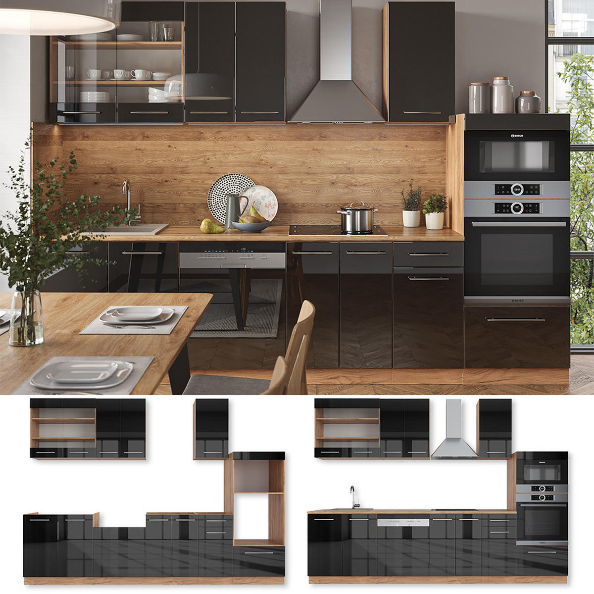 KÜCHENZEILE Fame-Line Anthrazit Hochglanz/Goldkraft Eiche 300 cm AP Marmor - Anthrazit/Eiche Wotan, Holzwerkstoff (300/81.6/60cm) - Vicco