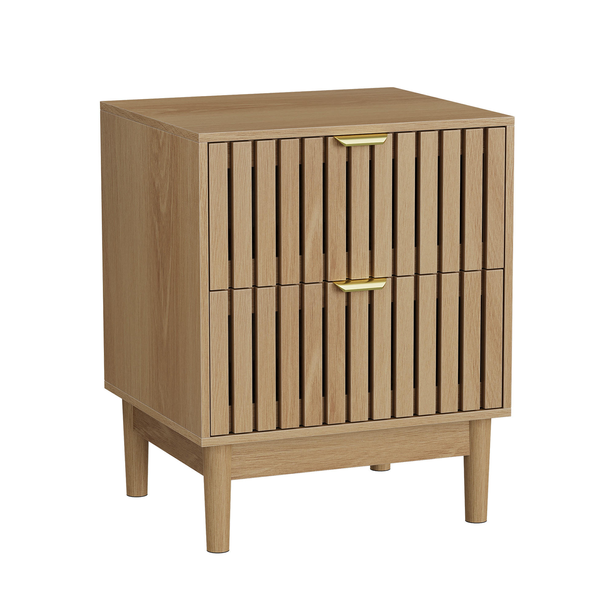 NACHTTISCH eichen-optik & latten-design mit 2 schubladen & goldgriffen - Eichefarben, Holzwerkstoff (45/56.5/39cm) - Urban Meuble
