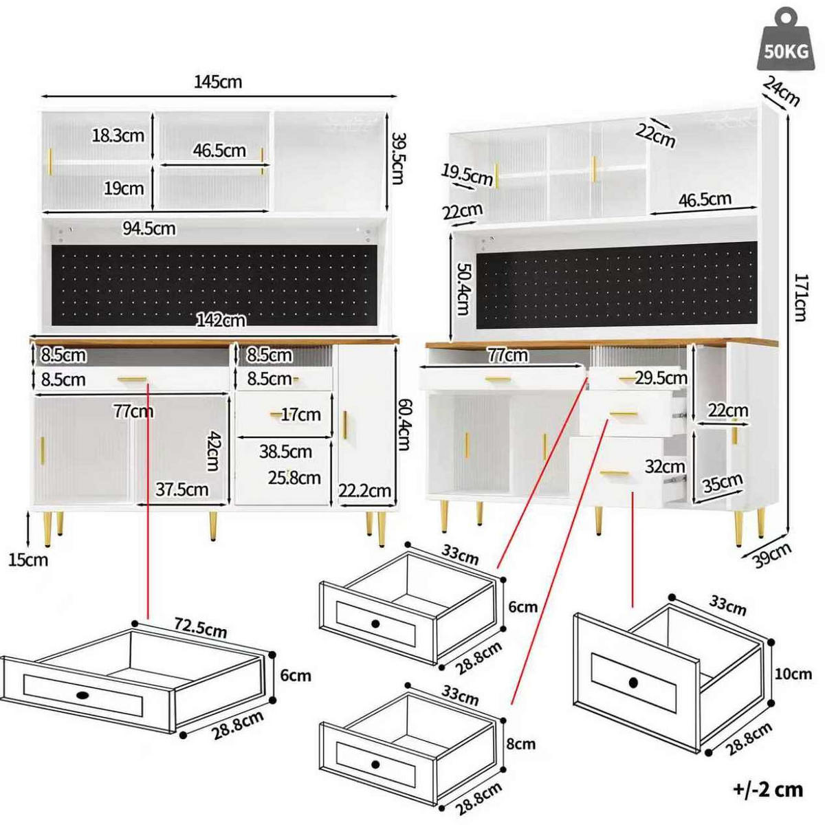 HOCHSCHRANK mit LED-Beleuchtung 145x39x171 cm MDF Glas Weiß - Weiß, Glas (24/171/145cm) - Meubliv
