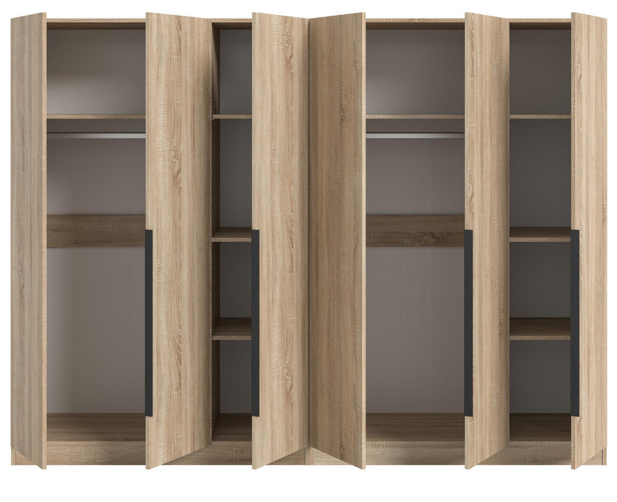KLEIDERSCHRANK Eiche Sonoma 6-türig 240 x 181 cm, Drehtürenschrank mit Kleiderstange - Eichefarben/Schwarz, Holzwerkstoff/Kunststoff (240/181/52cm) - Inn.Furn