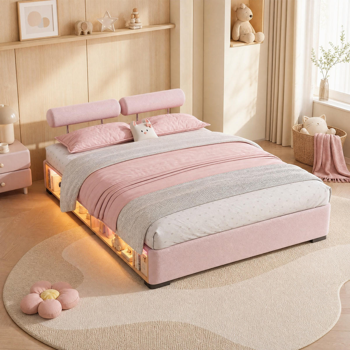 POLSTERBETT 140/200 mit LED-Seitenregal, offenem Stauraum und flexiblen Kopfstützen in Rosa - Rosa, Holzwerkstoff/Textil - EVRYAE