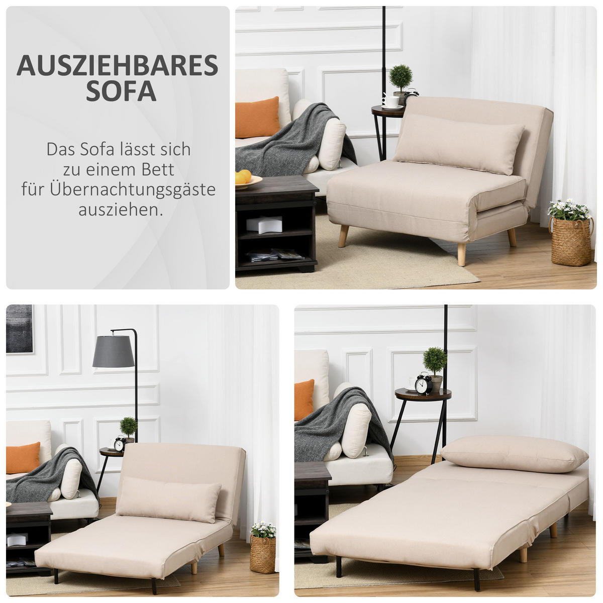 SCHLAFSESSEL, Leinenimitat, Cremeweiß - Creme, Textil (78/80/94cm) - HOMCOM