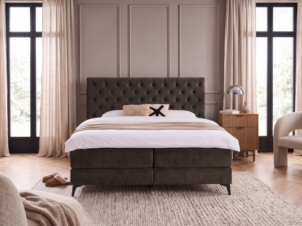 BOXBETT Amber Braun 180/200 cm Samt mit Bettkasten, mit Matratze, mit Premium Topper H3/H4 - Schwarz/Braun, Textil (180/200cm) - wonello