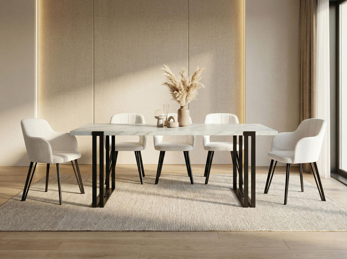 ESSTISCH Marco rechteckig ausziehbar, Marmor Weiß 120-220/80/76 cm - Ecru/Schwarz, Holzwerkstoff/Metall (120/80/76cm) - WFL GROUP