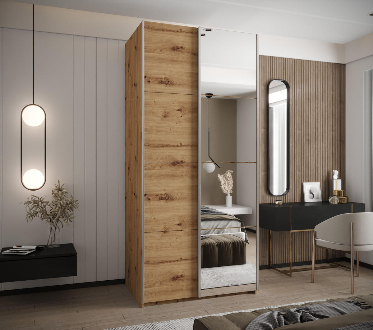 SCHWEBETÜRENSCHRANK 245,5/100/64 2-türig - Silberfarben/Eiche Artisan, Holz/Metall (100/245/64cm) - Abiks Möbel
