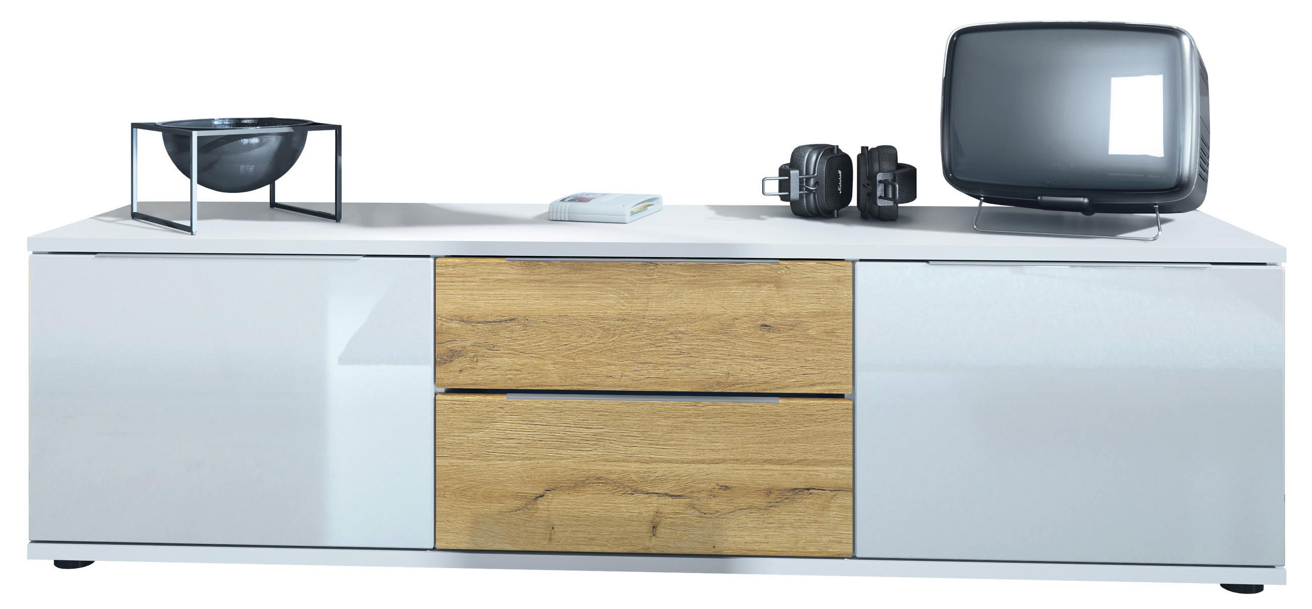 LOWBOARD Linio Eiche Natur - Weiß Hochglanz/Eichefarben, Holzwerkstoff (138.5/37.5/35cm) - Vladon