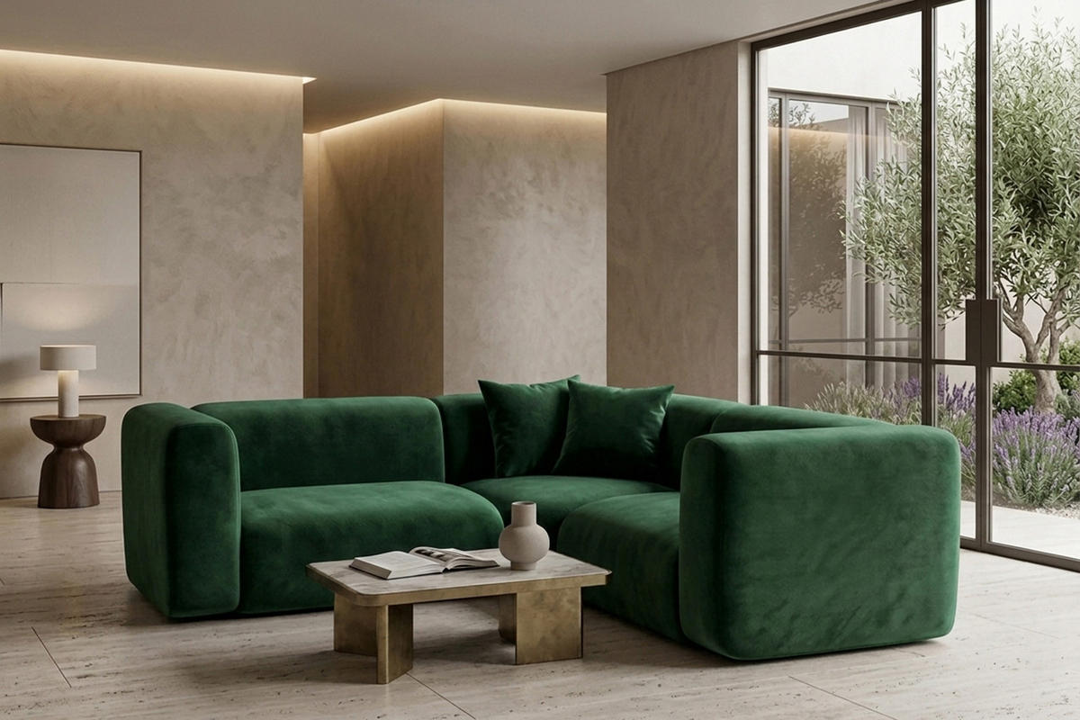 ECKSOFA Modulares, Corner Mini, Velvet-Stoff Bluvel, Grün, GRETA - Grün, Holz (190/190cm) - Kaiser Möbel