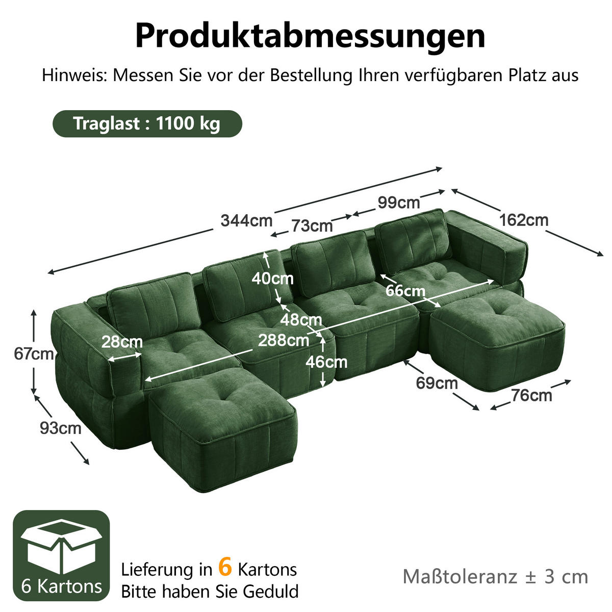 WOHNLANDSCHAFT DE-34428 4-Sitzer U-Form mit 2 Hockern Grün - Grün, Textil (162/67/344cm) - ComfortXL