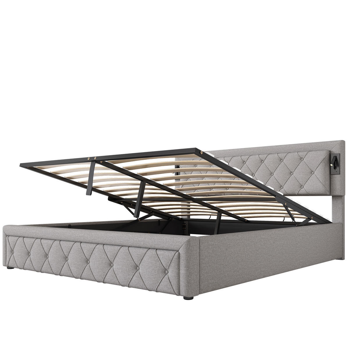 POLSTERBETT 180/200 cm aus Leinen mit Downlights, USB-Anschlüssen, hydraulischem Bettkasten und Lattenrost, Grau - Grau, Textil (180/200cm) - Redom