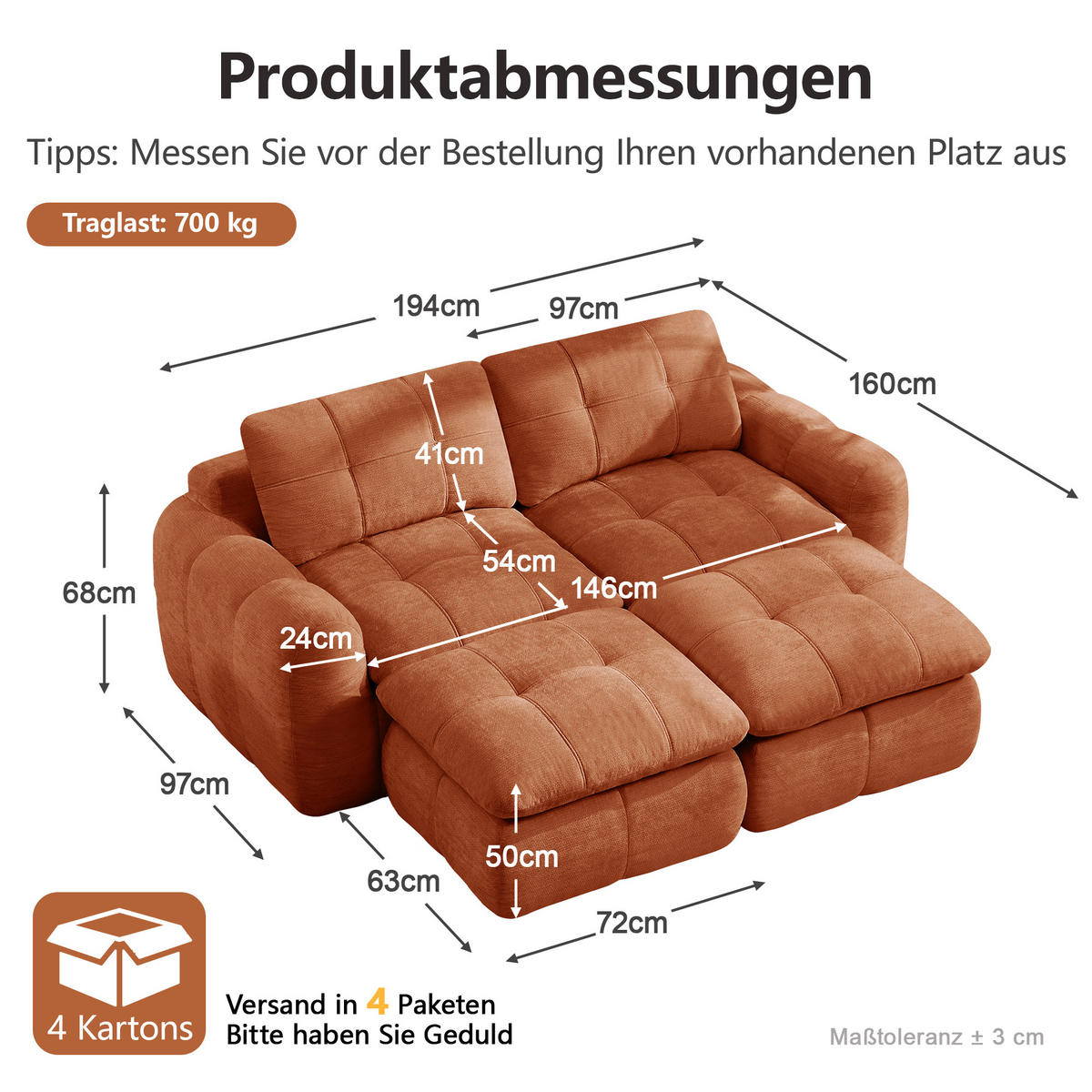 2-SITZER-SOFA mit 2 Hockern, minimalistisch, Chenille-Orange - Orange, Textil (160/68/194cm) - KOMHTOM