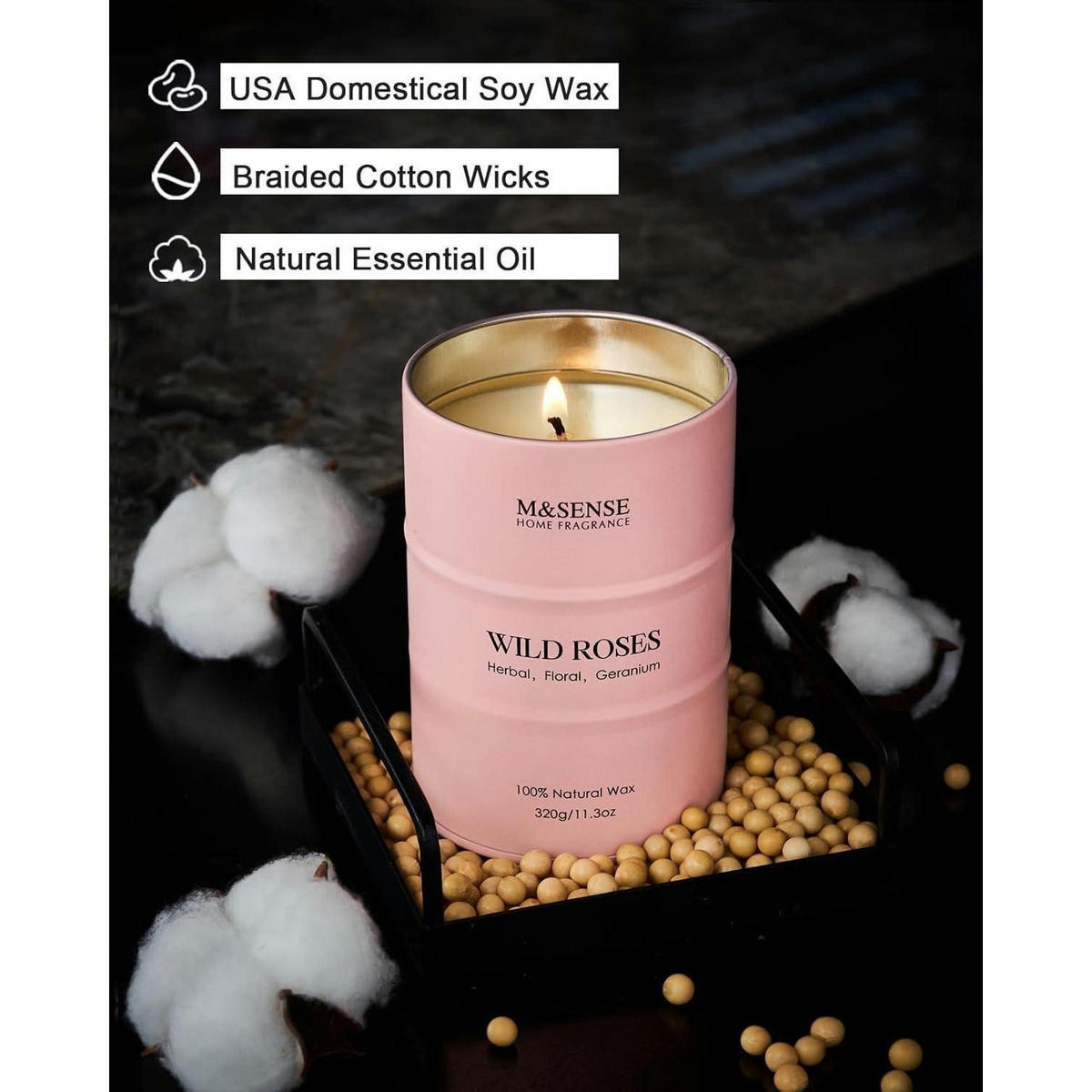 DUFTKERZE Wildrose 320g Sojawachs 70h Brenndauer - Rosa, Paraffin (10.5cm)