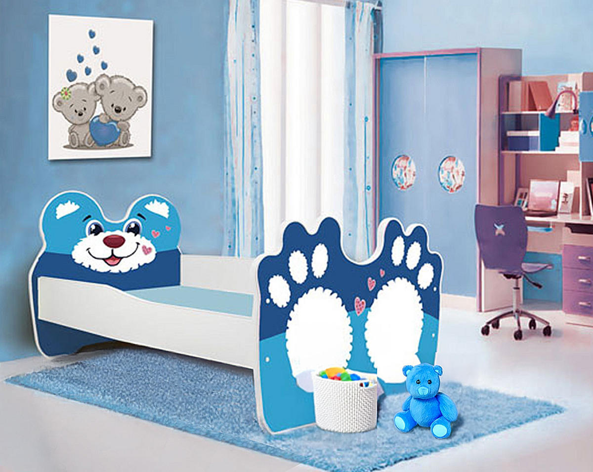 KINDERBETT Bear F5 weiß / blauer Bär 164 / 88 / 63cm - Blau/Weiß, Holz/Holzwerkstoff (80/160cm) - Feldmann-Wohnen