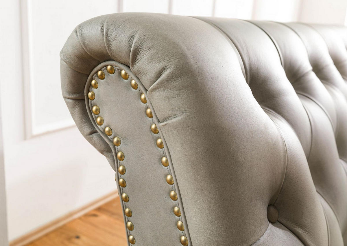 SOFA 3-Sitzer Echtleder 196x84x94 grau CHESTERFIELD #207 - Grau, Leder (196/94/84cm) - Massivmoebel24