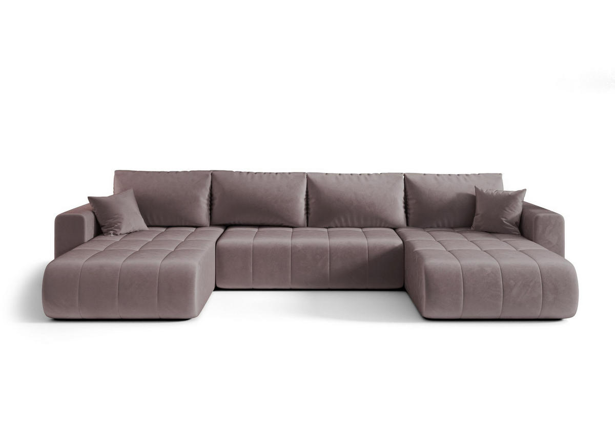 WOHNLANDSCHAFT LARA U-Form dunkelrosa Velours Monolith 62 - Schlaffunktion, Bettkasten - Pink, Textil (385/85/175cm) - Cornero