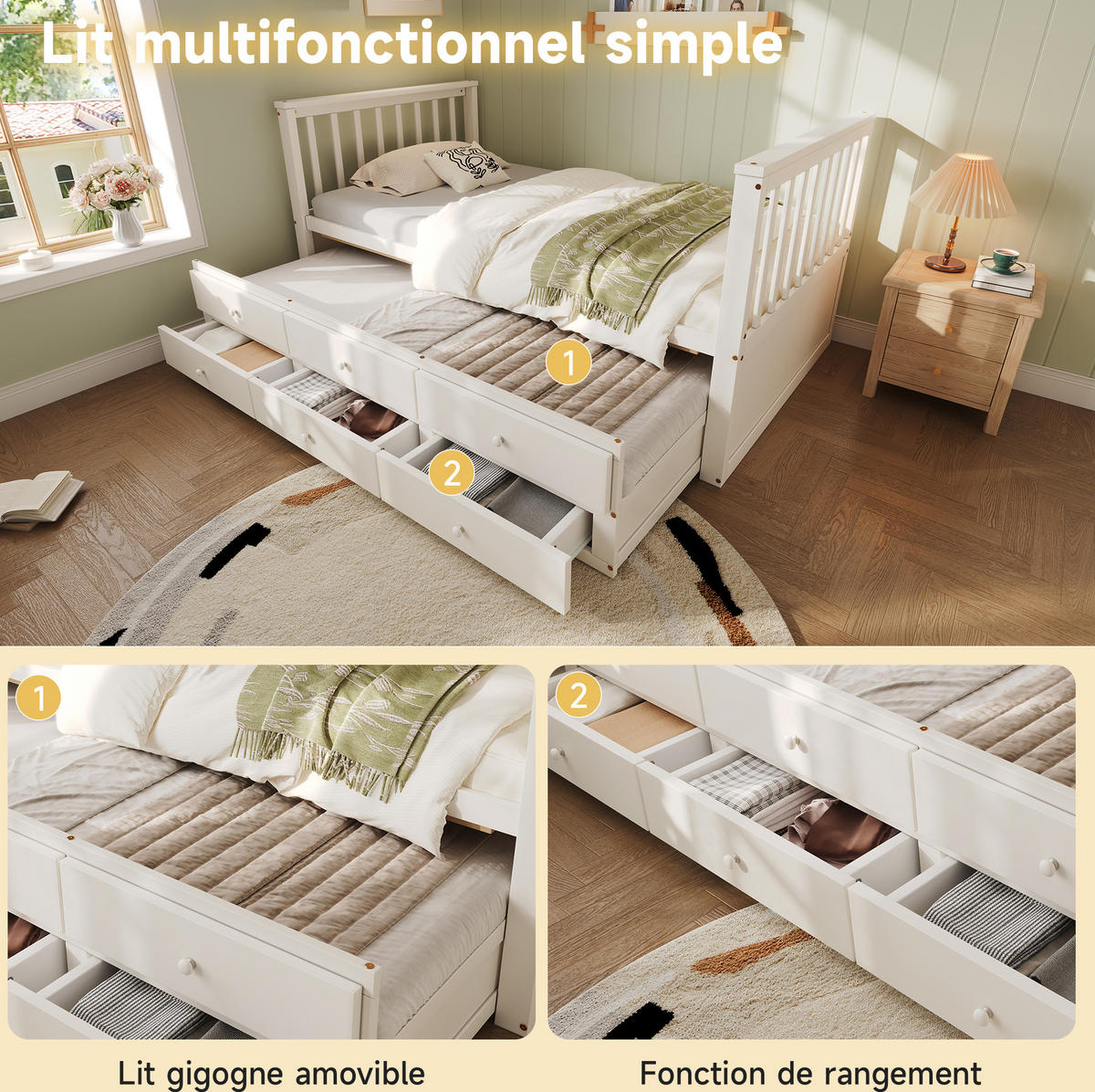 TAGESBETT aus Kiefern 90x200 cm Weiß mit Ausziehbett, 3 Schubladen und praktischem Stauraum - Weiß, Holzwerkstoff (90/200cm) - Modfu