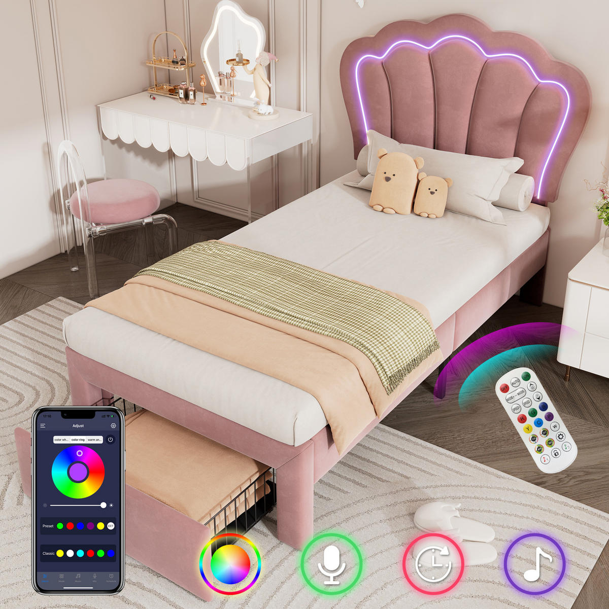 POLSTERBETT 90/200 cm mit RGB-LED, Schublade und verstellbarem Kopfteil aus Samt, Rosa - Rosa, Textil (90/200cm) - Redom
