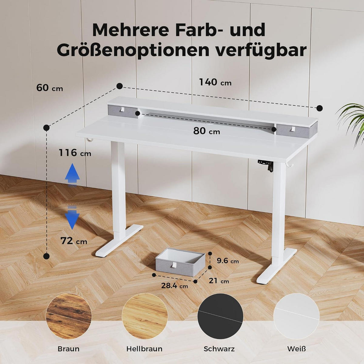 SCHREIBTISCH Höhenverstellbar Elektrisch 140 x 60 cm Weiß - Weiß, Holzwerkstoff (140/60/75cm)