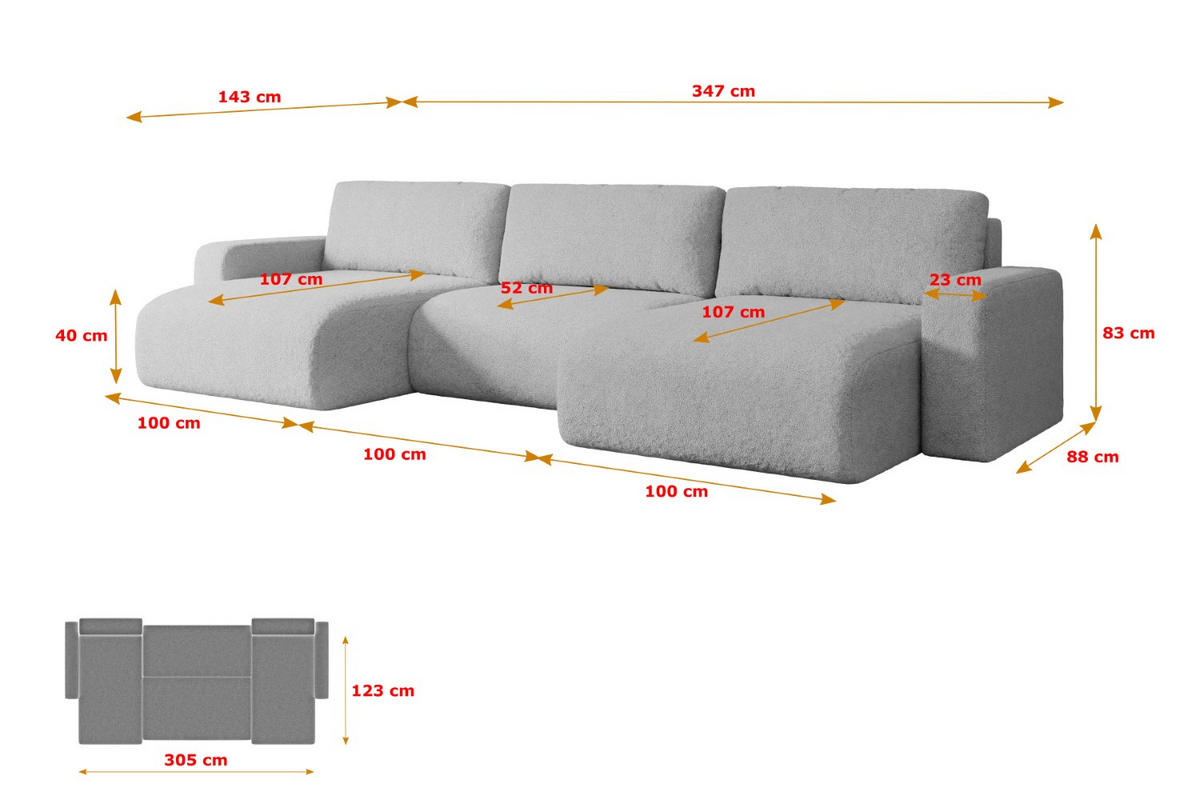 WOHNLANDSCHAFT mit Schlaffunktion und Bettkasten KLEEA-U - 347x143x83 cm Hellgrau Bouclé - Hellgrau/Schwarz, Holzwerkstoff/Kunststoff (347/83/143cm) - ALTDECOR