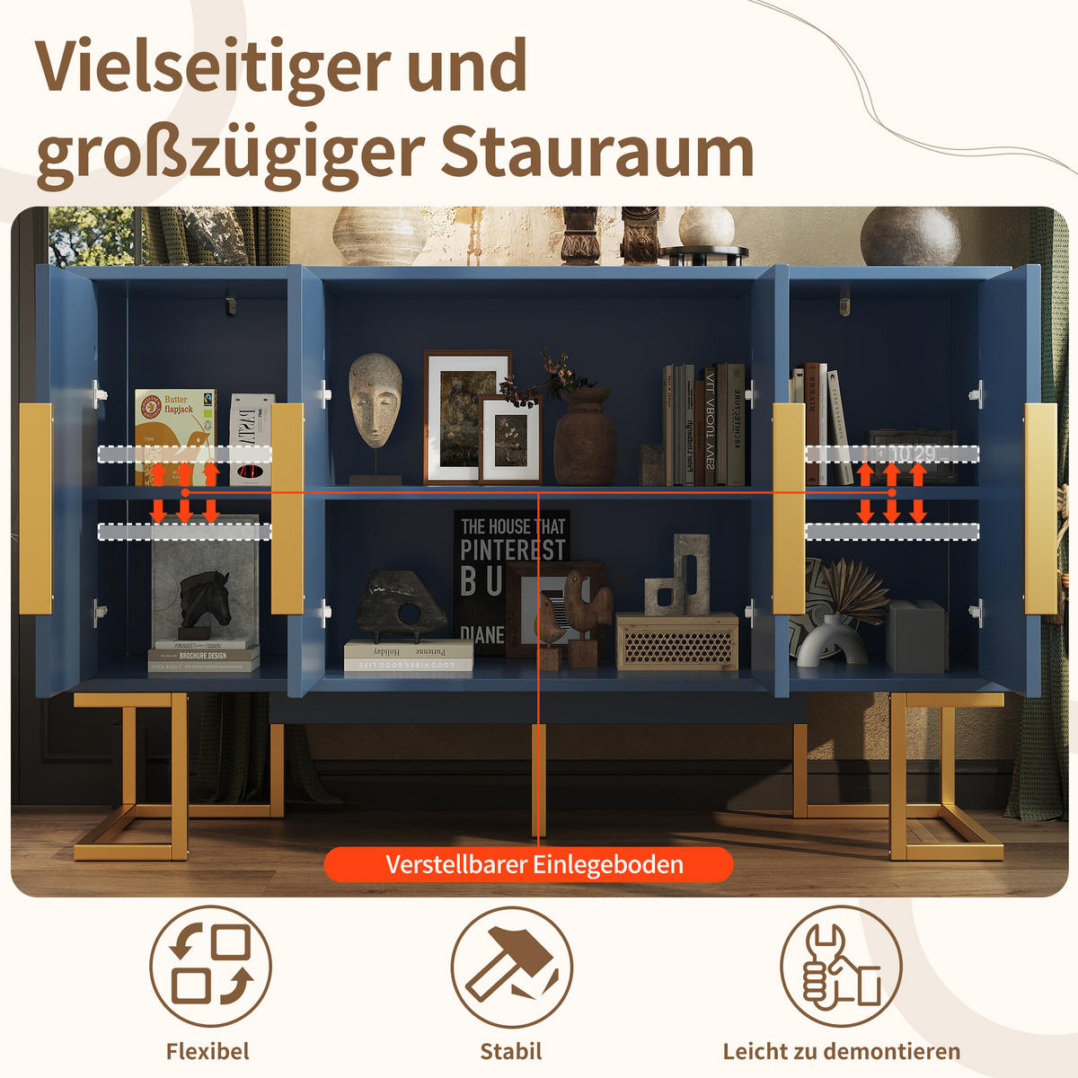 SIDEBOARD 140cm in Blau & Gold - Dunkelblau, Holzwerkstoff (140/80/40cm) - Urban Meuble