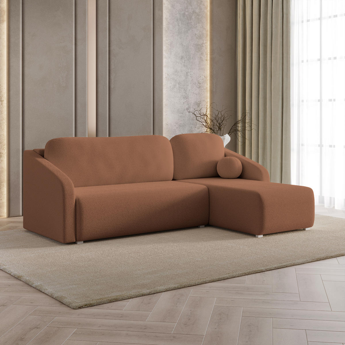 ECKSOFA MARELLO Kupferfarben Boucle-Stoff mit Schlaffunktion - Kupferfarben, Holz (220/143cm) - MASSENO