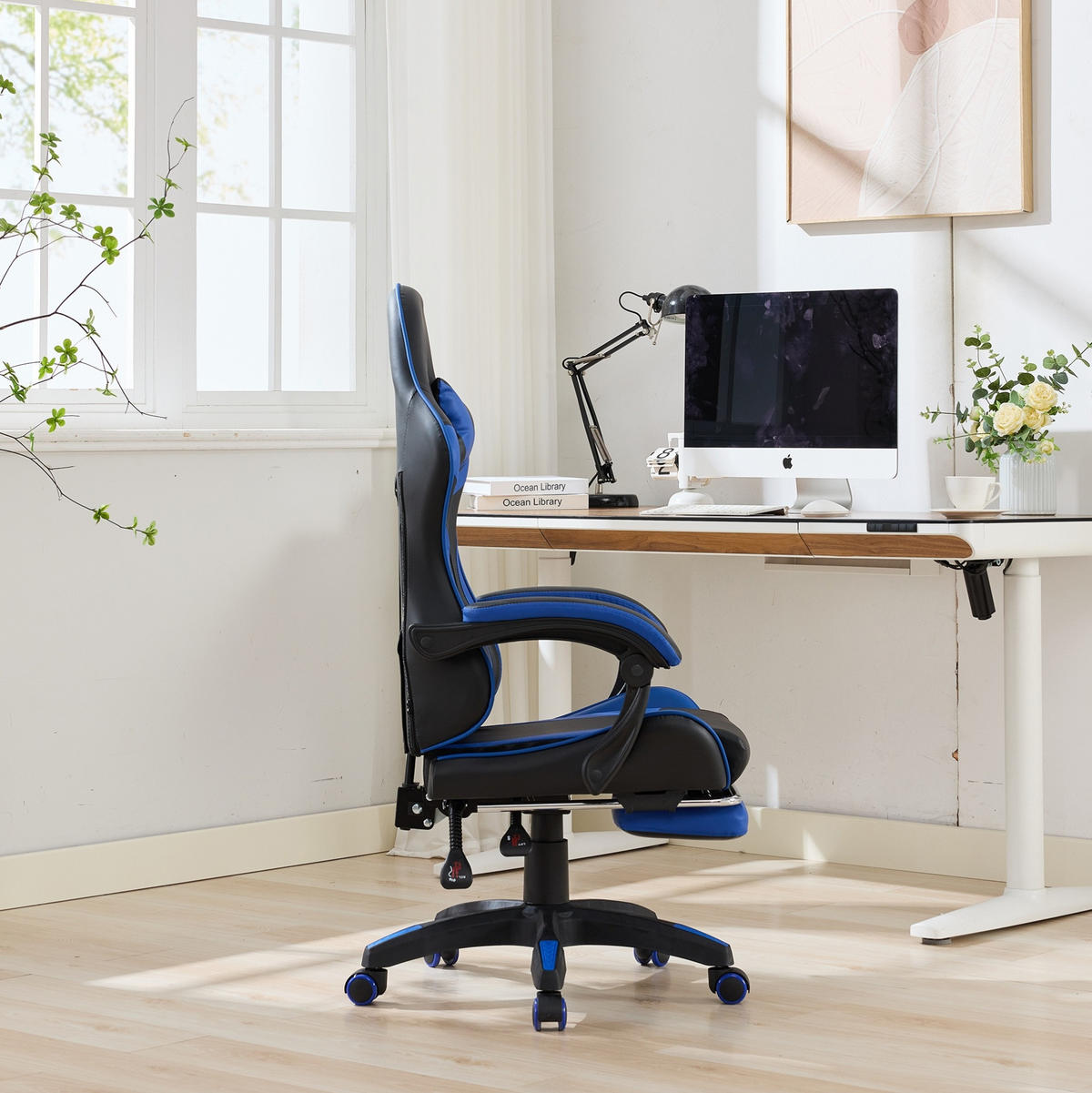 STUHL B64 / T58 / H116.5-126 cm,, Rennsport-Design, 360° drehbar und höhenverstellbar, Schwarz und Blau - Blau, Kunststoff (58/116.5/64.5cm) - Redom
