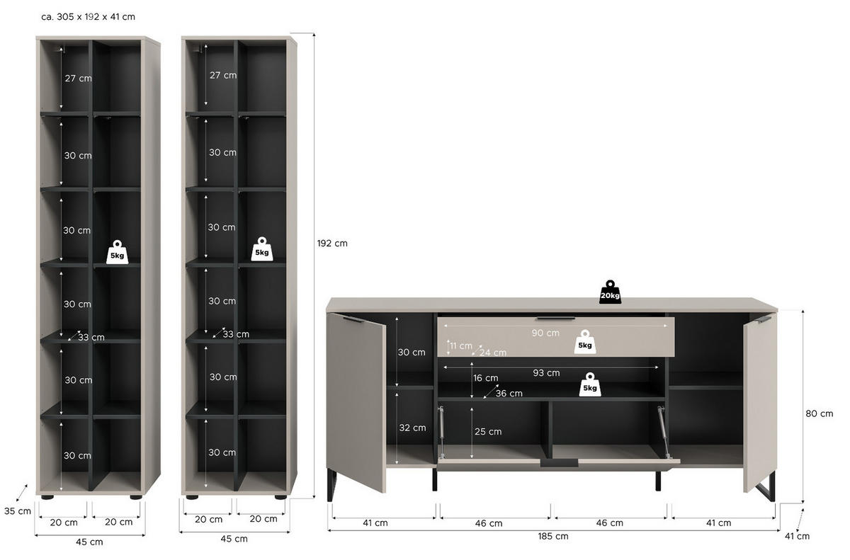 WOHNWAND kaschmir, schwarz 3-teilig 305 cm, Komplettset mit Soft-Close-Funktion - Kaschmir/Schwarz, Holzwerkstoff/Kunststoff (305/192/41cm) - Inn.Furn