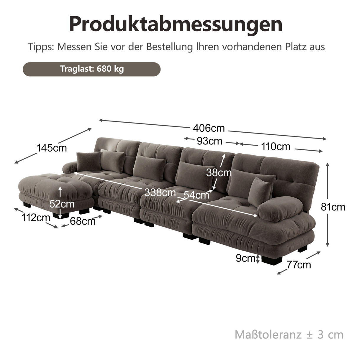ROHOVÁ sedačka s otomanmi zo ženilky v hnedej farbe - hnedá, textil (145/406cm) - Flora Grace