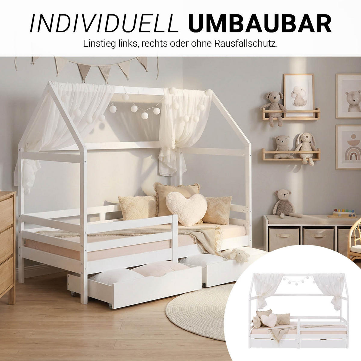 HAUSBETT 90/200 mit Rausfallschutz Weiß - Weiß, Holz (207/158/96cm) - Homestyle4u